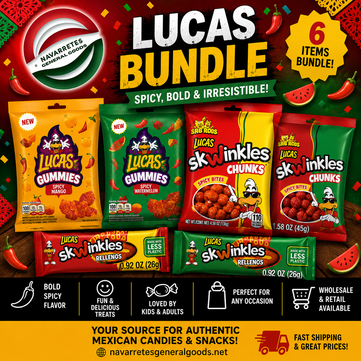 Lucas Mexican Candy Variety Bundle | 6-Pack Spicy Gummies & Skwinkles | Authentic Mexican Candy Assortment