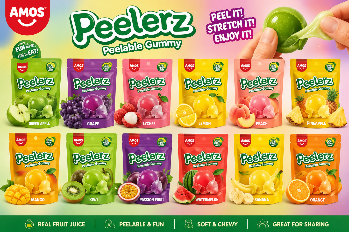 Amos Peelerz Peelable Gummy Candy – Assorted Fruit Flavors