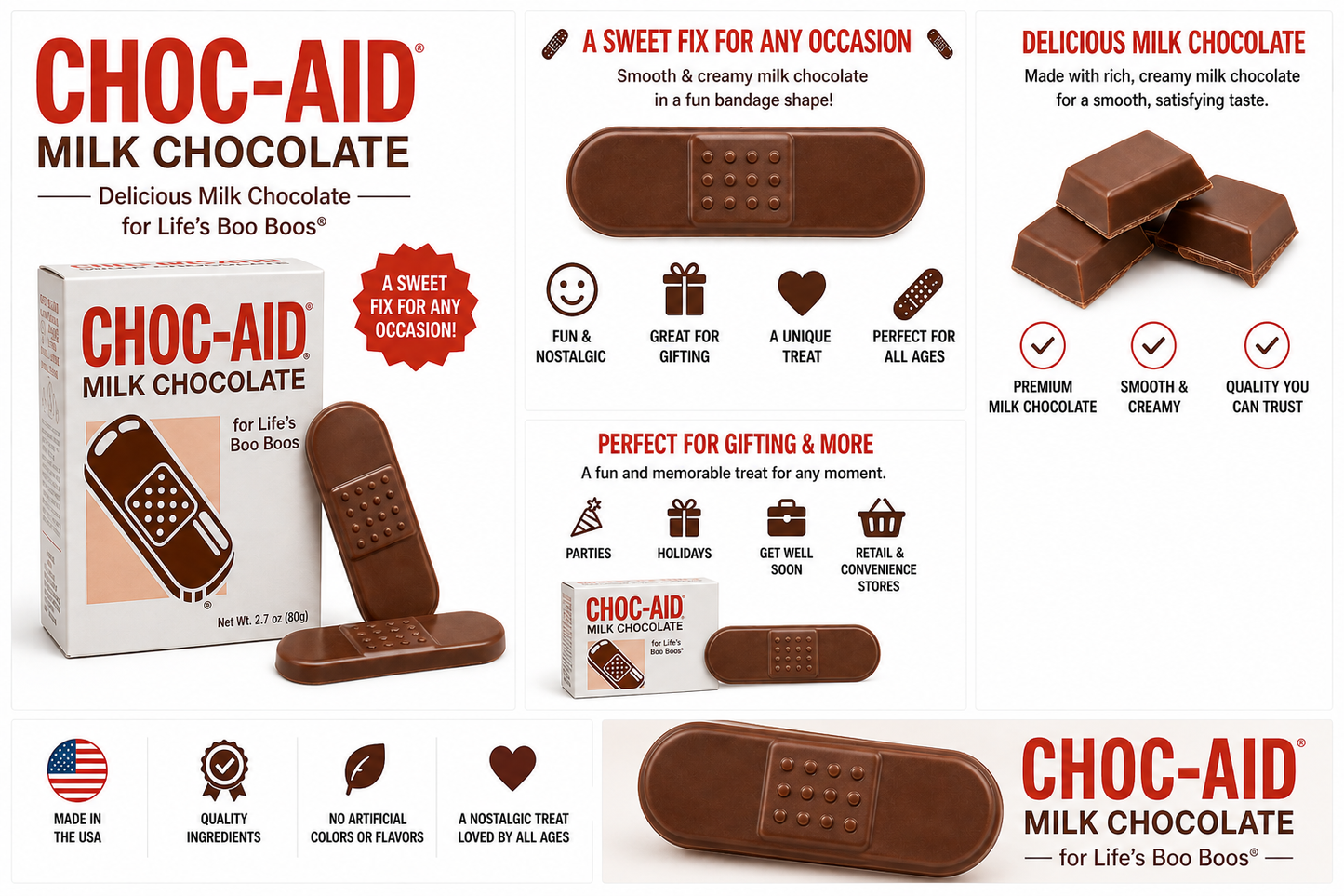 Choc-Aid Milk Chocolate Bandage Candy – Novelty Boo Boo Chocolate Treat