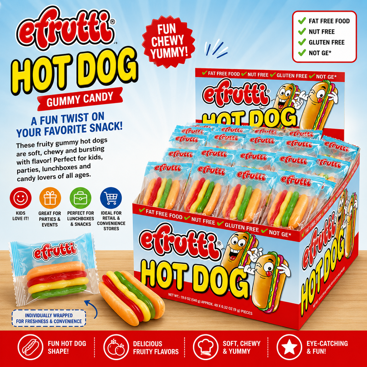 Efrutti Gummy Hot Dog Box Fruity Gummy Candy - The fun gummy hot dogs that customers can’t stop talking about!