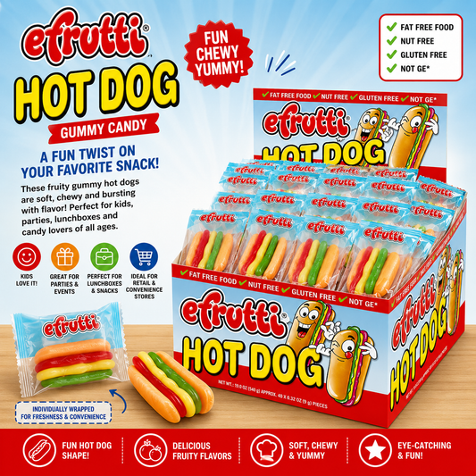 Efrutti Gummy Hot Dog Box Fruity Gummy Candy - The fun gummy hot dogs that customers can’t stop talking about!