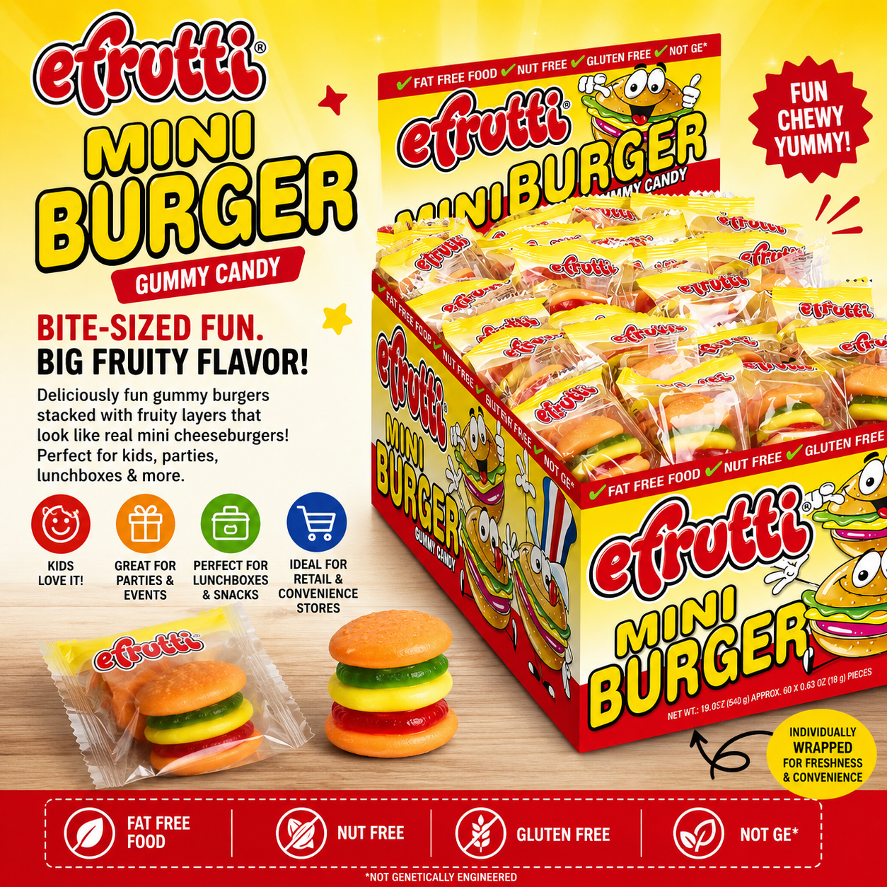 Efrutti Gummy Mini Burger Box Fruity Gummy Candy - Tiny gummy burgers. BIG fun flavor!
