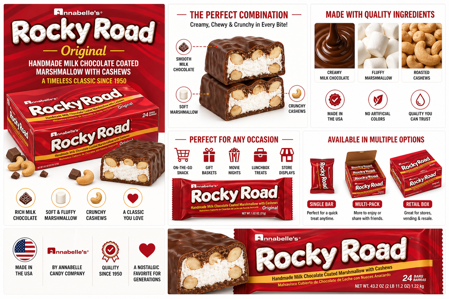 Rocky Road Original Candy Bar – Classic Chocolate, Marshmallow & Cashew Treat
