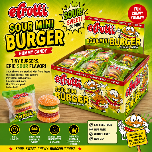 Efrutti Gummy Sour Mini Burger Box Fruity Sour Gummy Candy - Tiny gummy burgers with a BIG sour punch!