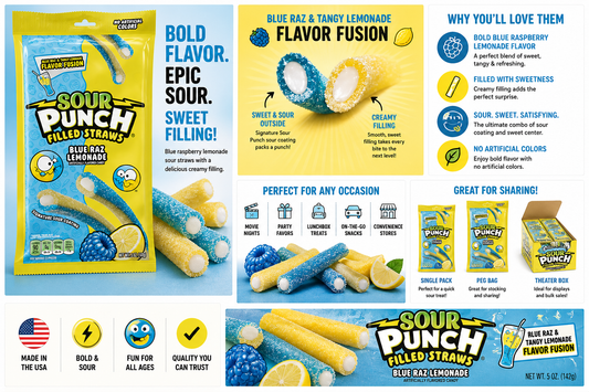 Sour Punch Blue Raspberry Lemonade Filled Straws – Sweet & Sour Candy Straws with Creamy Filling