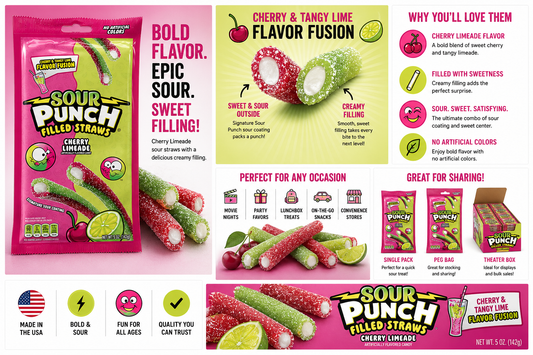 Sour Punch Cherry Limeade Filled Straws – Sweet & Sour Candy Straws with Creamy Center