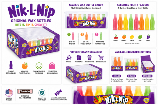 Nik-L-Nips Original Wax Bottles Candy – Classic Retro Sweet Treat 8-Pack